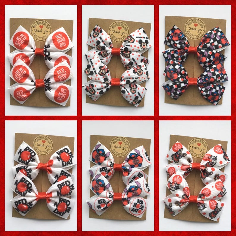 Collection of 6 different Red Nose Day hair bow designs for girls. Handmade red and white bows on display cards, perfect for school charity events in the UK.