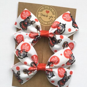 Funny faces Red Nose Day hair accessories, set of two 3-inch bows for school charity day, handmade in the UK.