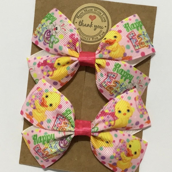 Pair of Easter Chicks Eggs Bunny hair Bows Alligator Clip/Bobble Girls Toddler Hair Bows