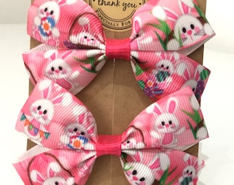 Pair of Easter Bunny hair Bows Alligator Clip/Bobble Girls Toddler Hair Bows