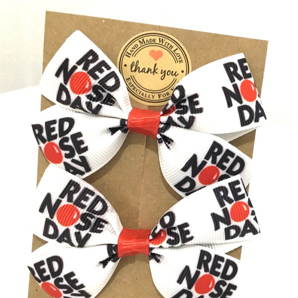 Pair Of Red nose day Hair Bows Alligator Clip/Bobbles Girls Baby Toddler Hair Bows