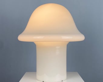 Grande lampe de table en verre entièrement blanc Peill et Putzler champignon XL 1970