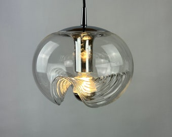 1 of 2 Waved glass and chrome Peill & Putzler Futura pendant light, 1970 Medium