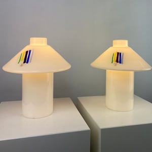 1 of 2 White glass Peill and Putzler mushroom table lamps 1980