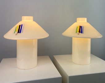 1 of 2 White glass Peill and Putzler mushroom table lamps 1980