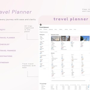 May include: A digital travel planner interface featuring a light pink header with the text travel planner and an airplane icon. The layout includes sections for a packing list, destination tracker, bucket list, itinerary, and a travel budget table.
