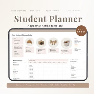 Puede incluir: Un planificador digital para estudiantes en una tableta. La pantalla muestra una plantilla académica de color beige con secciones para notas, tareas y objetivos. El texto incluye "Student Planner" y "Academic notion template". El planificador tiene 15+ páginas.