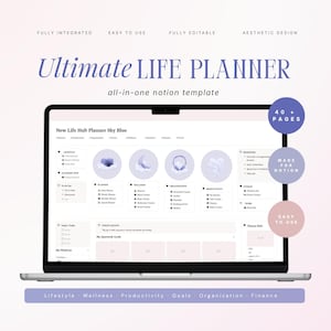 Peut inclure: Un ordinateur portable affichant le modèle "Ultimate LIFE PLANNER", un outil de planification numérique. L'écran présente une interface bleu clair avec des sections pour le style de vie, le bien-être et la productivité. Le texte comprend "Entièrement intégré", "Facile à utiliser" et "40+ pages."