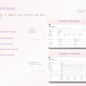 May include: A digital wellness planner template featuring a list of trackers including Skincare, Mood, Sleep, Medication, and Period. The layout displays two interface examples labeled Mood Tracker and Sleep Tracker with structured data fields.
