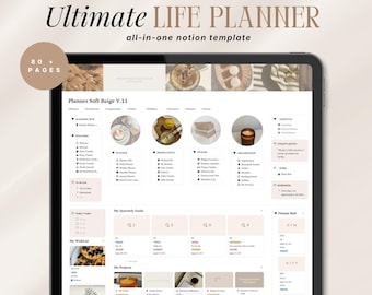 Può includere: Un tablet digitale che mostra un modello Notion Ultimate Life Planner in beige tenue. L'interfaccia presenta sezioni per benessere, produttività, fitness e organizzazione, con oltre 80 pagine, obiettivi trimestrali e tracker di progetto.