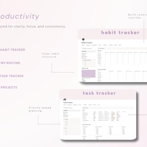May include: A digital productivity planner template featuring a habit tracker and task tracker interface. The layout includes text labels such as Productivity, Habit Tracker, My Routine, Task Tracker, Projects, Build consistent routines, Clear habit structure, Priority-based planning, and Clear project overview in a soft purple and white color scheme.