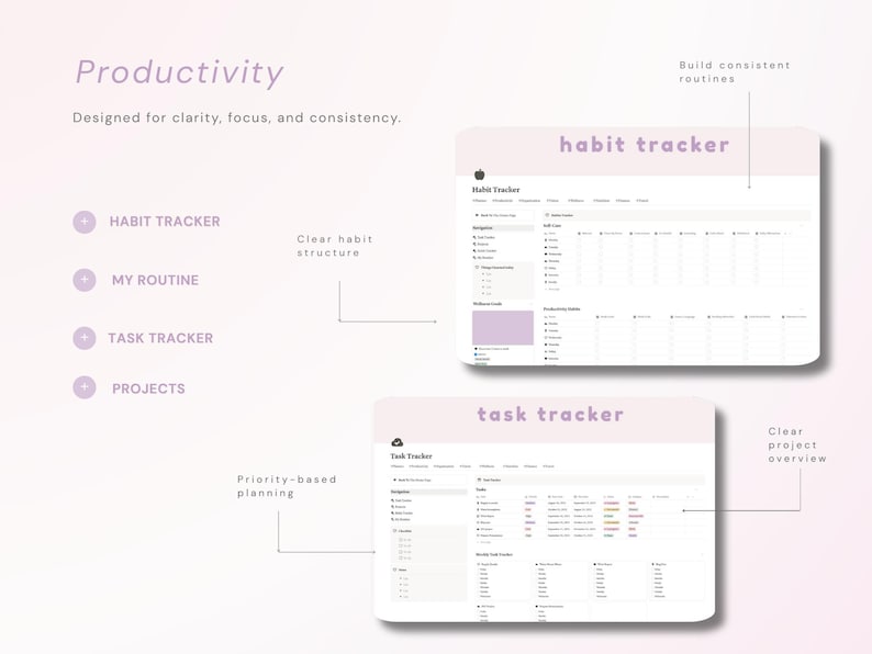 May include: A digital productivity planner template featuring a habit tracker and task tracker interface. The layout includes text labels such as Productivity, Habit Tracker, My Routine, Task Tracker, Projects, Build consistent routines, Clear habit structure, Priority-based planning, and Clear project overview in a soft purple and white color scheme.