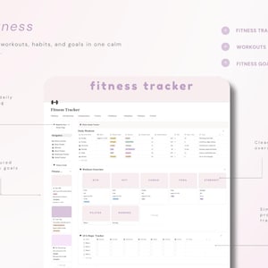 May include: A digital fitness tracker template featuring a light purple header with the text fitness tracker. The interface includes sections for daily workouts, fitness goals, and progress tracking with organized tables and rectangular category blocks.