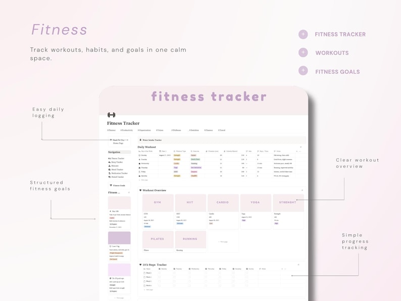May include: A digital fitness tracker template featuring a light purple header with the text fitness tracker. The interface includes sections for daily workouts, fitness goals, and progress tracking with organized tables and rectangular category blocks.
