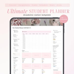 Puede incluir: Una plantilla digital de Notion para planificador de estudiantes en una pantalla de tableta. La interfaz presenta un esquema de color rosa suave con secciones para cursos, tareas, exámenes y un horario semanal. Texto: Ultimate STUDENT PLANNER.