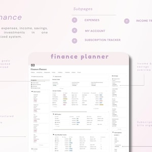 May include: A digital finance planner interface featuring sections for expenses, income, savings, and investments. The layout includes a navigation sidebar, income goals, income tracker, bill tracker, and subscription tracker with organized data tables.