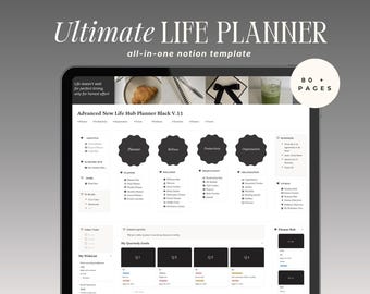 May include: A digital planner interface titled Ultimate LIFE PLANNER all-in-one notion template, featuring sections for lifestyle, wellness, productivity, goals, organization, and finance. The screen displays a dashboard with 80+ pages, including trackers for fitness, habits, and quarterly goals in a black and white layout.