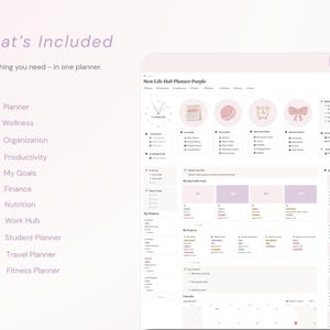 May include: A digital planner interface titled New Life Hub Planner Purple featuring a light purple and white color scheme. The layout includes sections for wellness, organization, productivity, goals, finance, nutrition, and travel with 80+ pages.