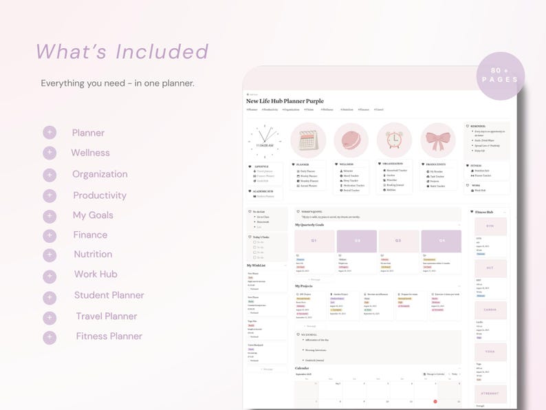 May include: A digital planner interface titled New Life Hub Planner Purple featuring a light purple and white color scheme. The layout includes sections for wellness, organization, productivity, goals, finance, nutrition, and travel with 80+ pages.