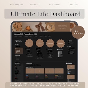 Puede incluir: Un panel de control digital Ultimate Life Dashboard en la pantalla de una tableta. La interfaz presenta un tema oscuro con detalles en marrón, incluyendo secciones para planificación, bienestar, organización y productividad. Incluye más de 80 páginas, encabezados de texto y categorías como estilo de vida, fitness y objetivos.
