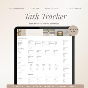 Puede incluir: Una plantilla de Notion para el seguimiento de tareas mostrada en una pantalla de tableta. La interfaz presenta secciones para Today's Focus, Tasks Tracker, Daily Tasks, Tasks Overview, Active Projects y Goals Tracker con un diseño claro.