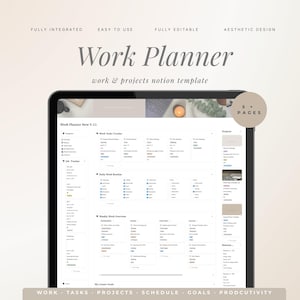 Puede incluir: Una plantilla digital de planificador de trabajo Notion mostrada en una pantalla de tableta. La interfaz incluye secciones para seguimiento de tareas, rutinas diarias, resúmenes semanales y proyectos, con un distintivo de 5+ páginas.