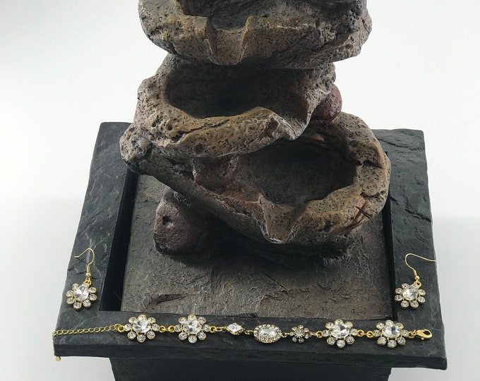 Fashion Jewelry, Wedding Bracelet With Earrings, Bridal Bracelet,  Antiqued Gold Color Wedding Bracelet With Earrings.