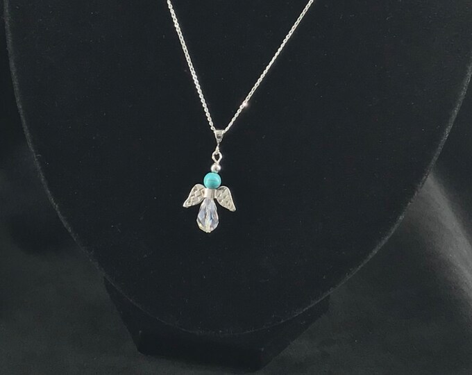925 Sterling Silver Necklace, Chain Necklace, Turquoise Angel Pendant, Clear And Turquoise Angel, 925 Sterling Silver Chain.