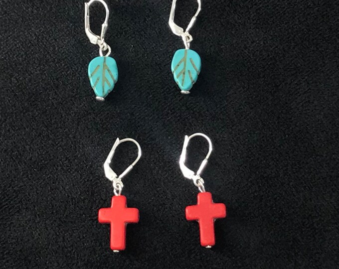 Jewelry, 925 Sterling Silver earrings ,Cross Sterling Silver  earrings, Leaf Sterling Silver earrings ,red color Cross, turquoise Leaf bead