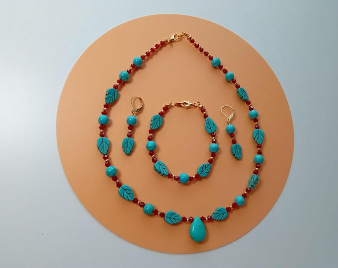 Fashion Leaf  Turquoise Necklace,  Turquoise Necklace, Jewelry Set, Blue and Red Jewelry