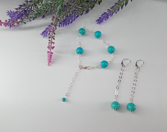 Turquoise Stone Sterling  Silver Blue Color Fashion Jewelry Bracelet Earrings