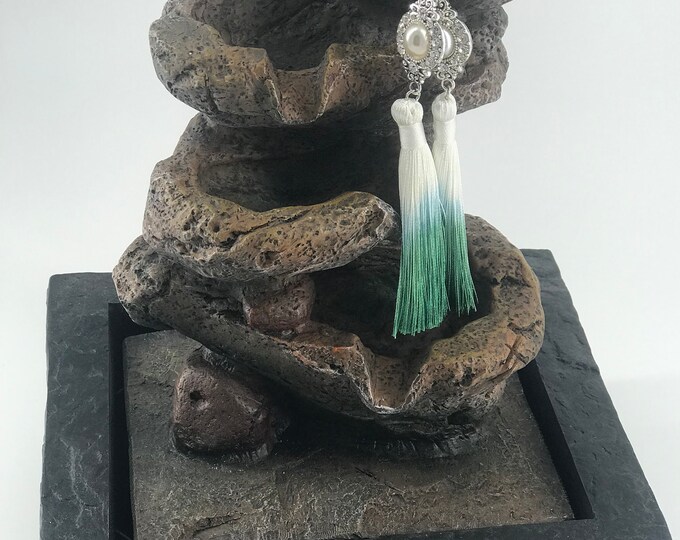 Fashion Jewelry, Earrings, Tassel earrings, Elegant tassel earrings, white glass pearls, Long tassel earrings.