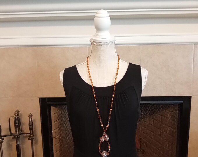 Fall Jewelry, Fashion Jewelry,  Long Necklace,  Bracelet, Earrings, Peach Color, Brown Color.