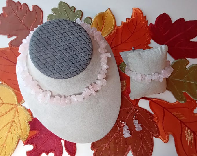 Fashion beautiful choker set, stone quartz, stone light pink set jewelry, necklace bracelet and earrings jewelry set.