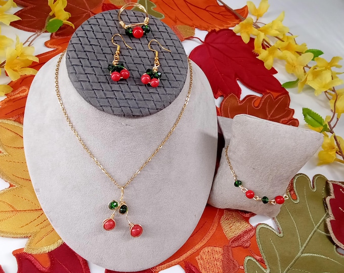 Cherry Jewelry Free Ring Fashion Jewelry Gold Color Red Color Green Color Bracelet Earrings