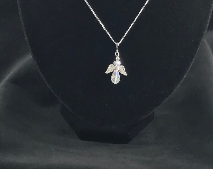 925 Sterling Silver Necklace, Chain Necklace,  Clear Angel Pendant,  Clear  Angel, 925 Sterling silver chain Clear Angel Necklace.