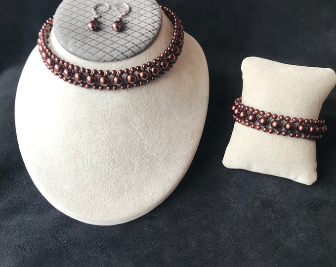 Fashion Set of jewelry, 3 pieces set, glass pearls beads ,brown color,  choker bracelet and earrings Jewelry by Maria us