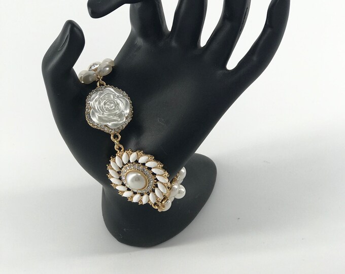 Fashion Jewelry, Wedding Bracelet, White Bracelet, White and Gold color Bracelet, Church Bracelet