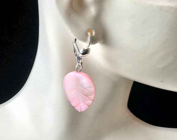 925 sterling silver pink leaf mother of pearl beautiful earrings perfect gift for Mom pink leaf hoop Leverback earrings