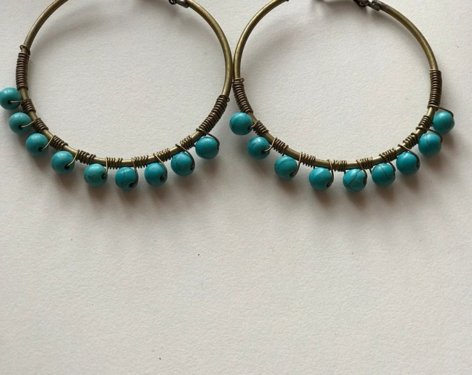 Elegant Earrings Hoop Earrings Turquoise Earrings Blue Earrings Bronze Color And Turquoise Color
