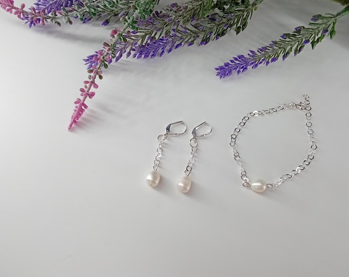 Sterling silver,  Bracelet, Fashion Jewelry, Beautiful Set, Fresh Water Pearls Earrings