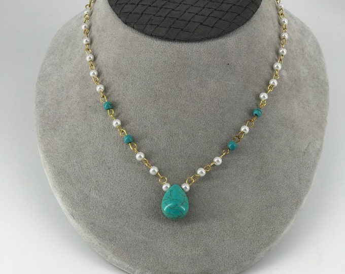 Turquoise Stone White Pearl Minimalist Necklace Turquoise Necklace Pearl necklace