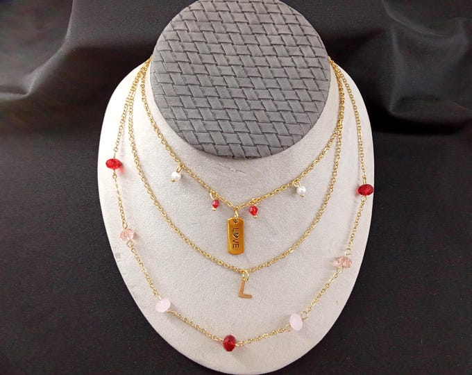 Free earrings Mom   Necklace Triple Necklace Red Pink Gold Color