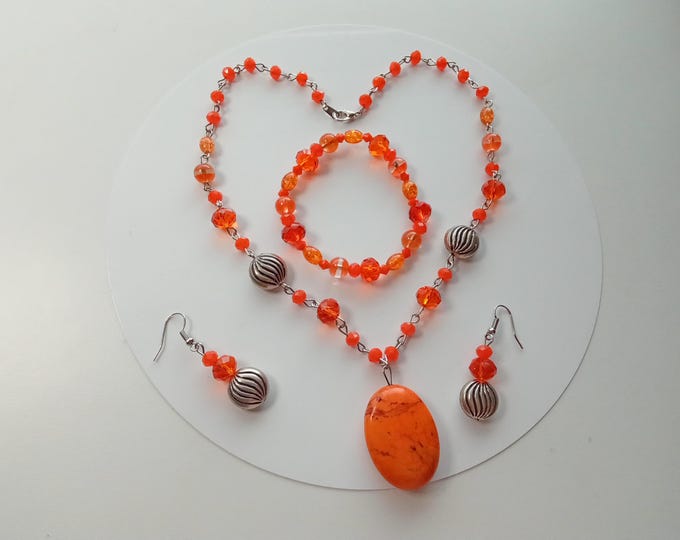 Fashion Jewelry, Set of Jewelry, Necklace, Bracelet, Earrings, Set orange, Casual Jewelry, Stone Pendant.