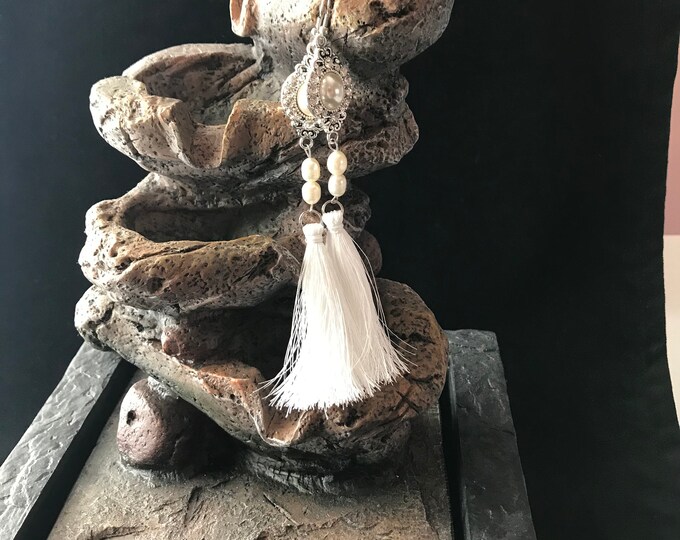 Fashion White tassel earrings,  white glass pearls,  long wedding tassel earrings.