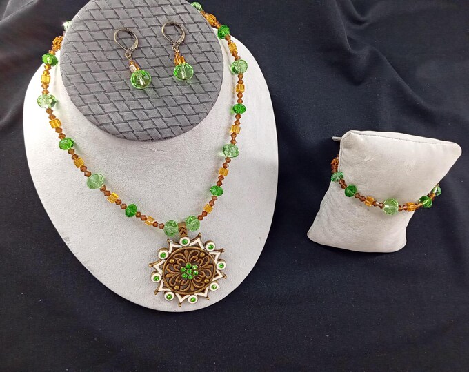 Fashion Jewelry,  Set of Jewelry, Earrings with Necklace and Bracelet, Green Color, Topaz Color, Pendant, Bronze