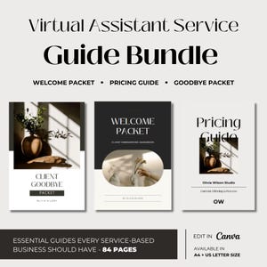 May include: A guide bundle for virtual assistant services. The bundle includes a welcome packet, pricing guide, and goodbye packet. The guides are available in A4 and US letter sizes and are editable in Canva. The bundle contains 84 pages.