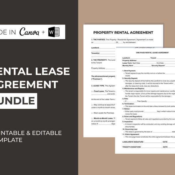 Rental Lease Agreement Bundle Residential Lease Tenant Contract Form Template