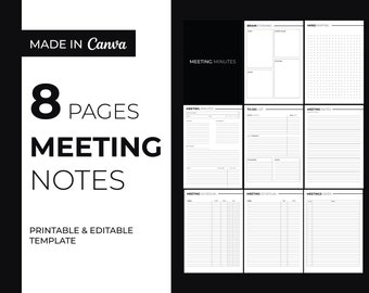 Meeting Minutes Note Template for Meeting Agenda, Planning, Brainstorming and Mind Mapping. Editable and Printable.
