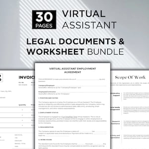 May include: A bundle of legal documents and worksheets for virtual assistants. The title includes "30 pages" and "Virtual Assistant Legal Documents & Worksheet Bundle". The documents include an invoice, employment agreement, and scope of work.